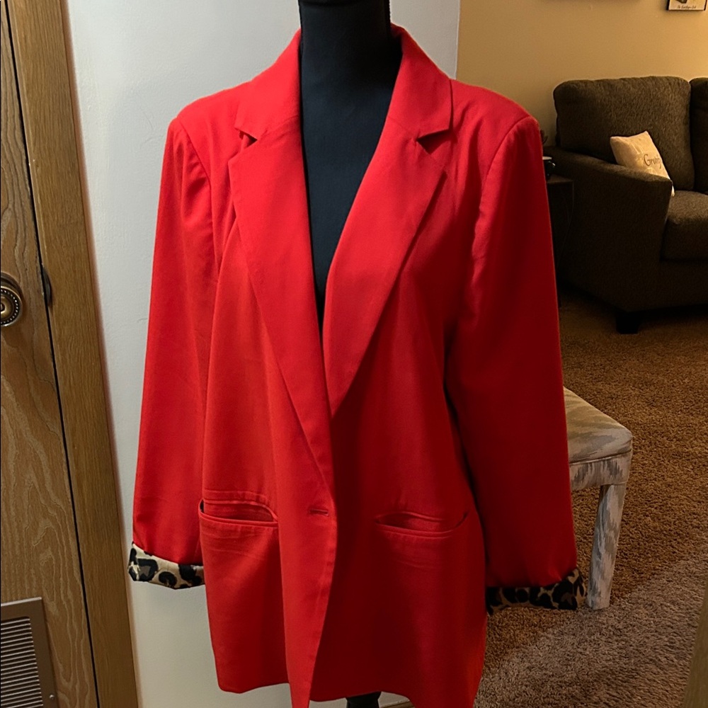 JODIFL Red Blazer with Leopard Print Cuffs